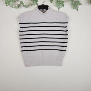 Merokeety Size M Sleeveless Beige Black Striped Mock Neck Sweater Vest Stretch